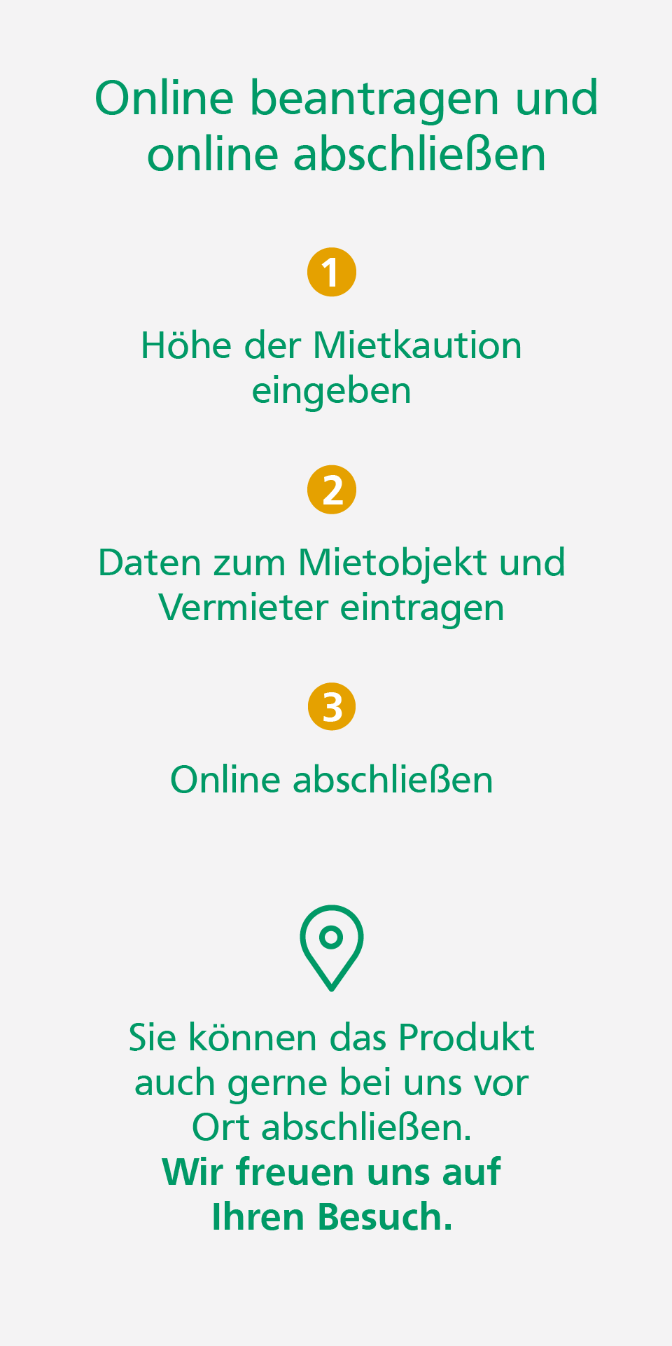 Mietbürgschaft Grafik: Mietbürgschaft online beantragen und abschließen: 1. Höhe der Mietkaution eingeben, 2. Daten zum Mietobjekt und Vermieter eintragen, 3. Online abschließen